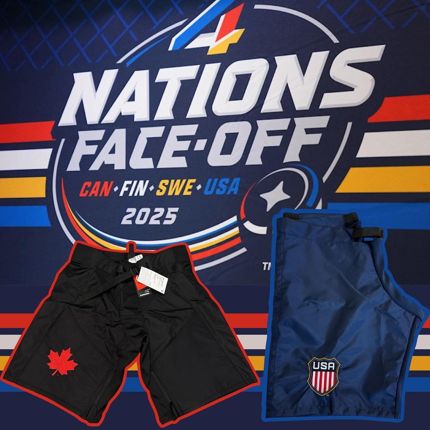Nations Face-Off 2025 shirt with black Canada shorts and blue USA shorts on a branded backdrop