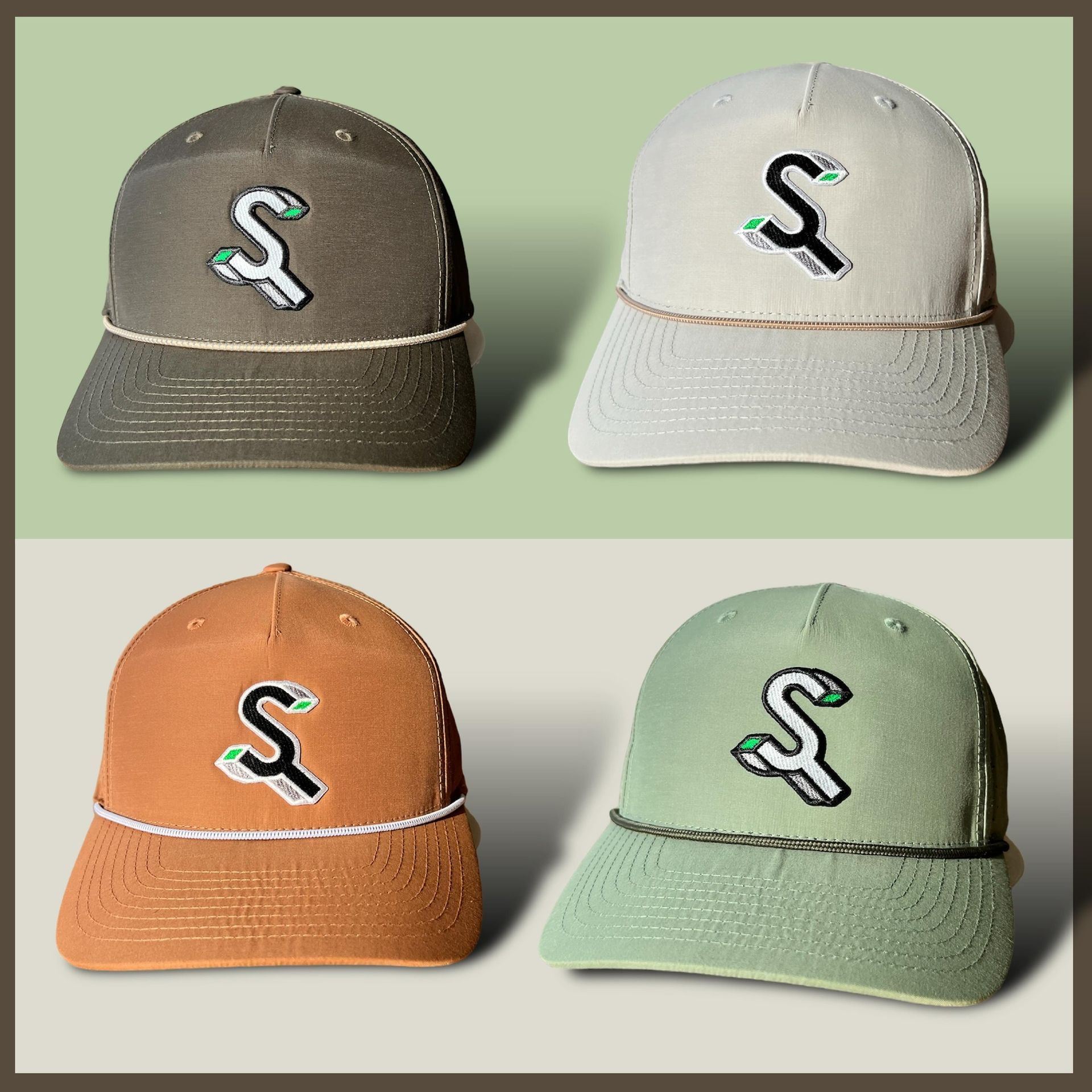 Four baseball caps in gray, white, orange, and green, each with a stylized S logo.