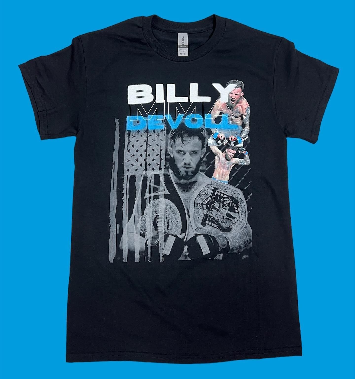 Black Billy Idol concert T-shirt with blue and white graphic print on a blue background
