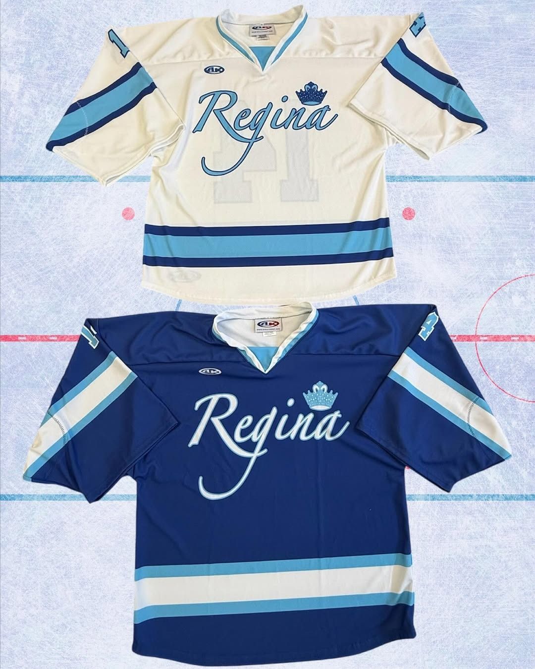 Two hockey jerseys, one cream and one navy, both with “Regina” across the chest.