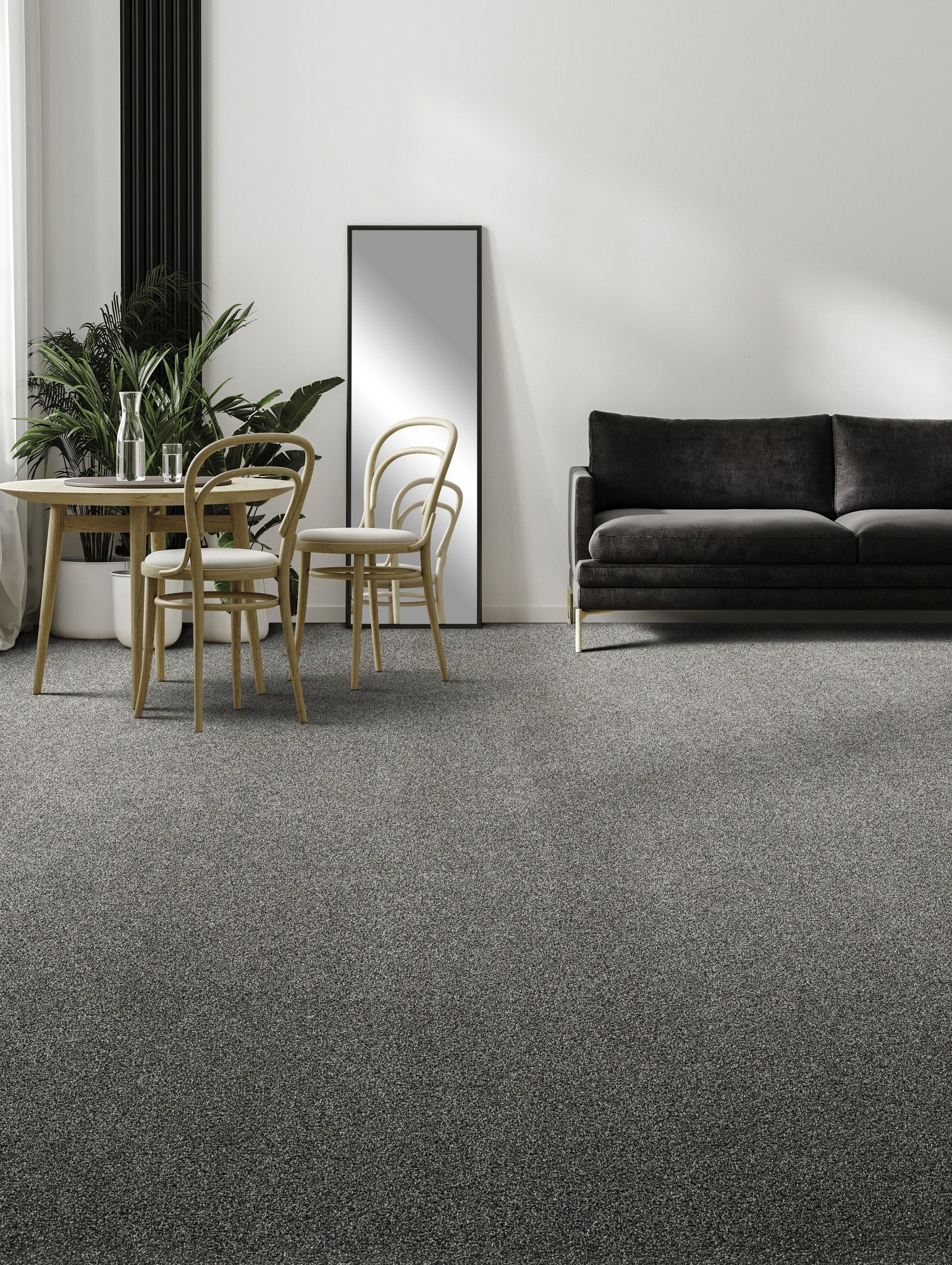 a living room with a couch, chairs, table and mirror