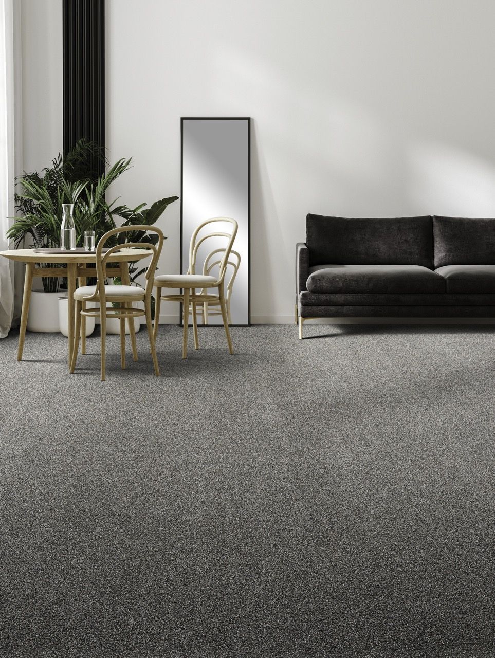 a living room with a couch, chairs, table and mirror