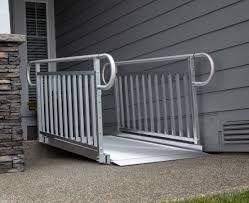 A wheelchair ramp is attached to the side of a house.