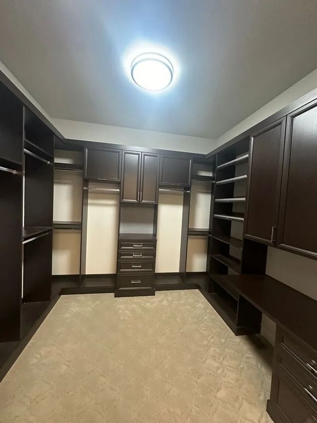 Dark wood walk-in closet with shelves, drawers, and hanging rods. Cream carpet, neutral walls, and a ceiling light.