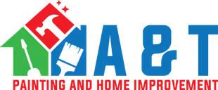 Logo for A & T Painting and Home Improvement with tools inside of a house shape.