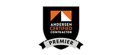 Andersen Certified Contractor Premier logo. Black shield with orange and white geometric shape.