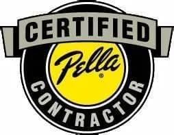 Certified Pella Contractor logo: black and yellow circular badge with text