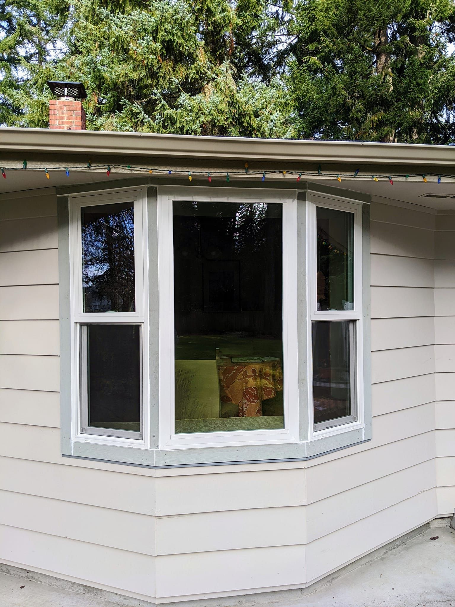 Bay window with white trim on a light-colored house exterior, surrounded by trees.