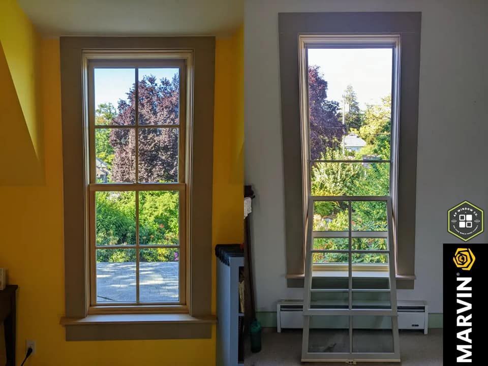 Two photos of a window: closed and open, with tan trim and a view of trees.
