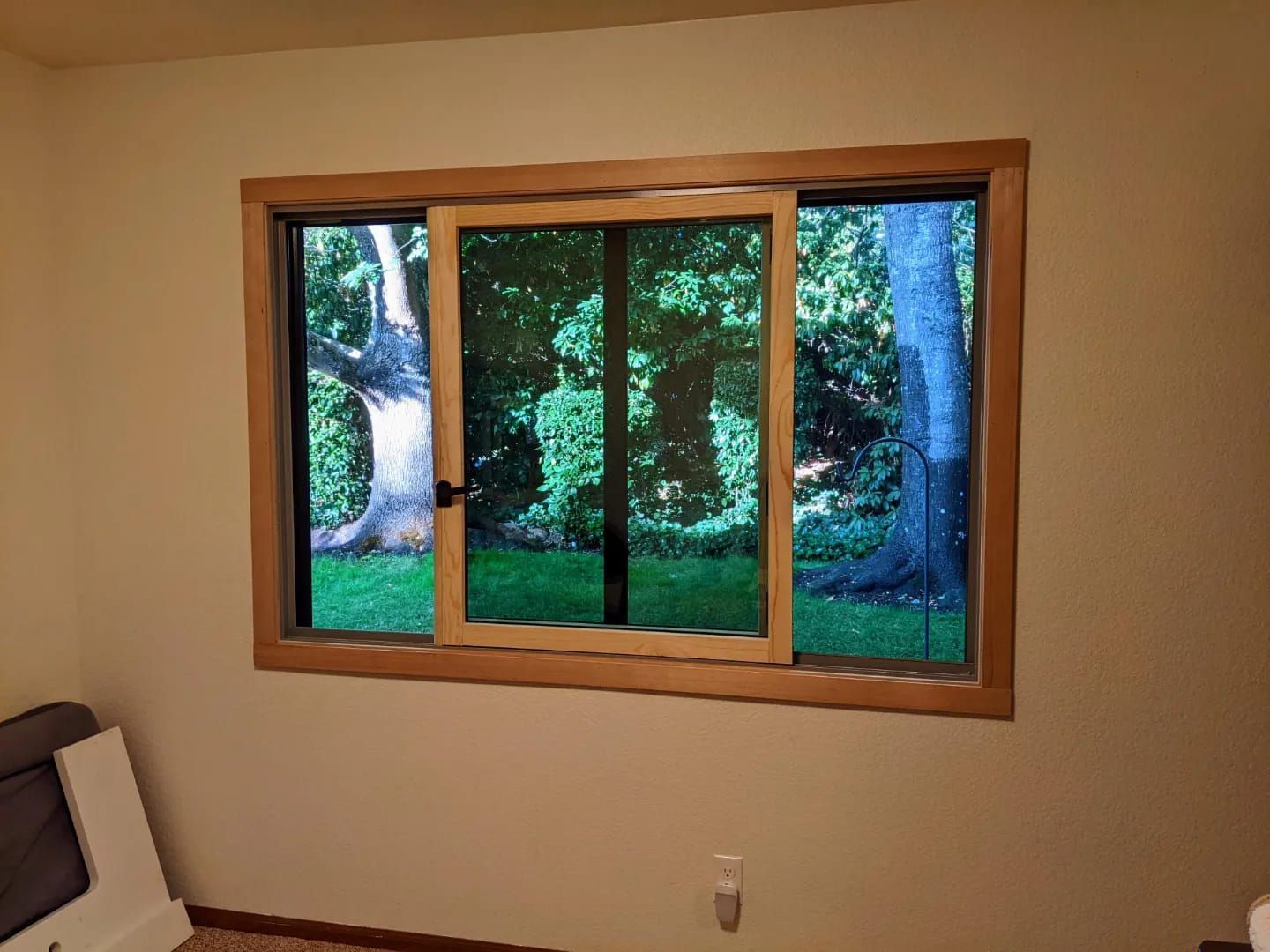 Window with wooden frame, overlooking a lush green yard with large trees. The window is closed with a black handle.