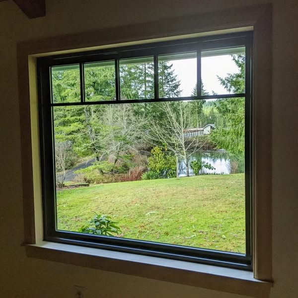 Window with a view of green lawn, trees, and a lake. Black window frame, cream-colored trim.