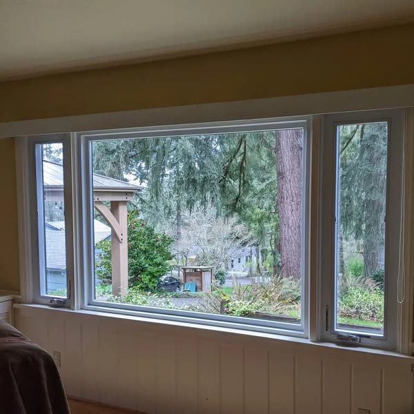 Large triple-pane window with view of trees and yard. White frames, beige walls, overcast day.