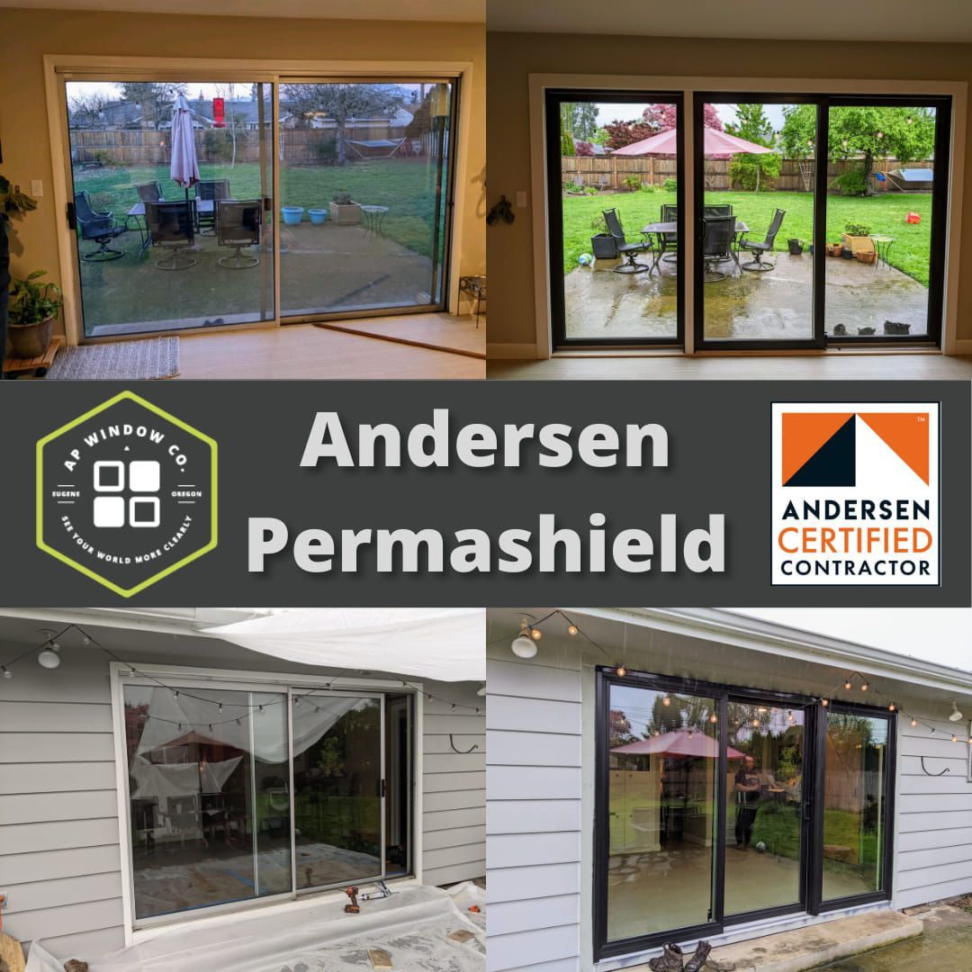 Before-and-after of sliding glass doors: old clear doors replaced with new black-framed Andersen Permashield doors.