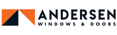Logo for Andersen Windows & Doors with orange, dark blue, and white geometric shapes and black text.