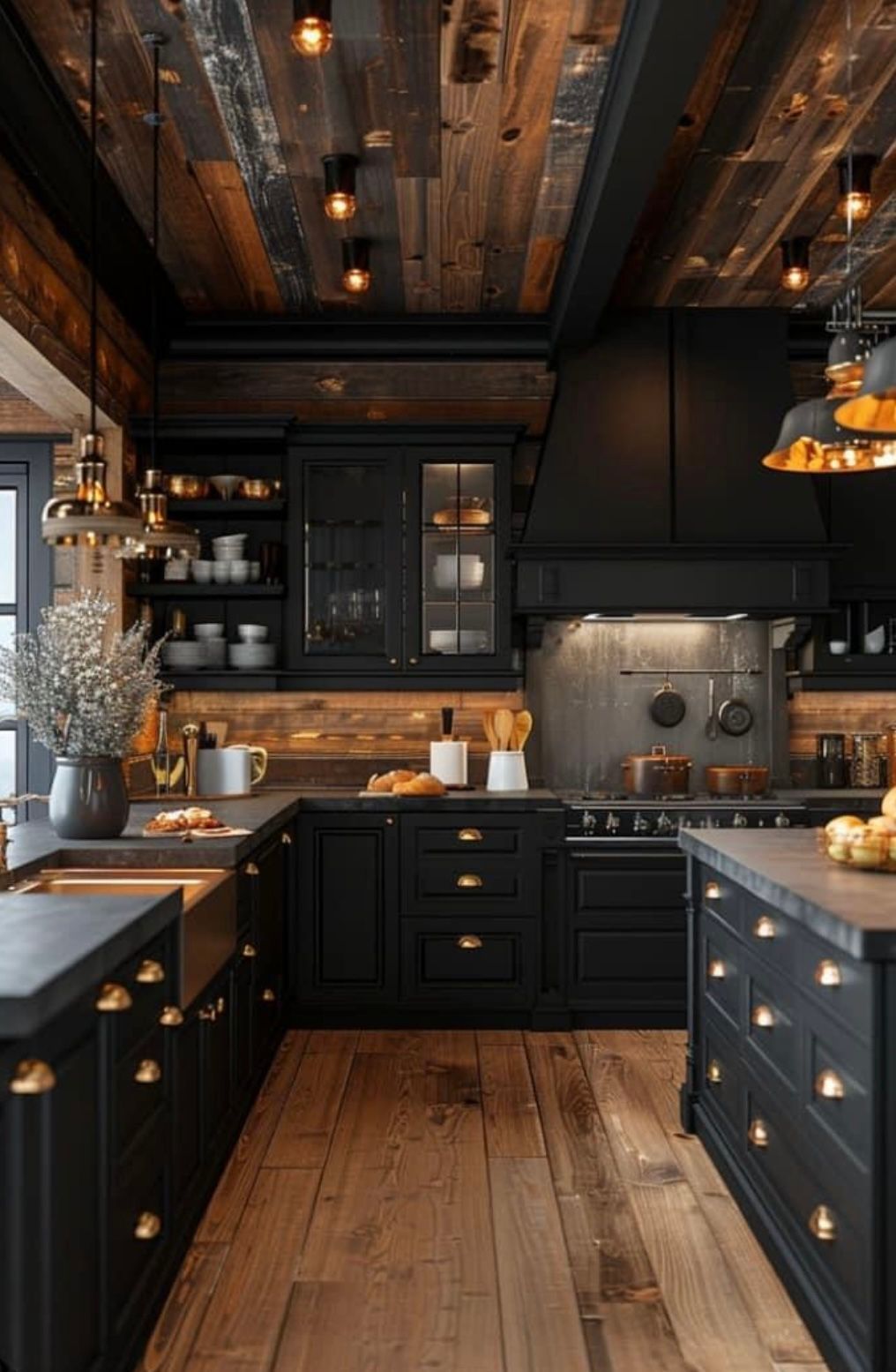 A kitchen with black cabinets , wooden floors , and a wooden ceiling.