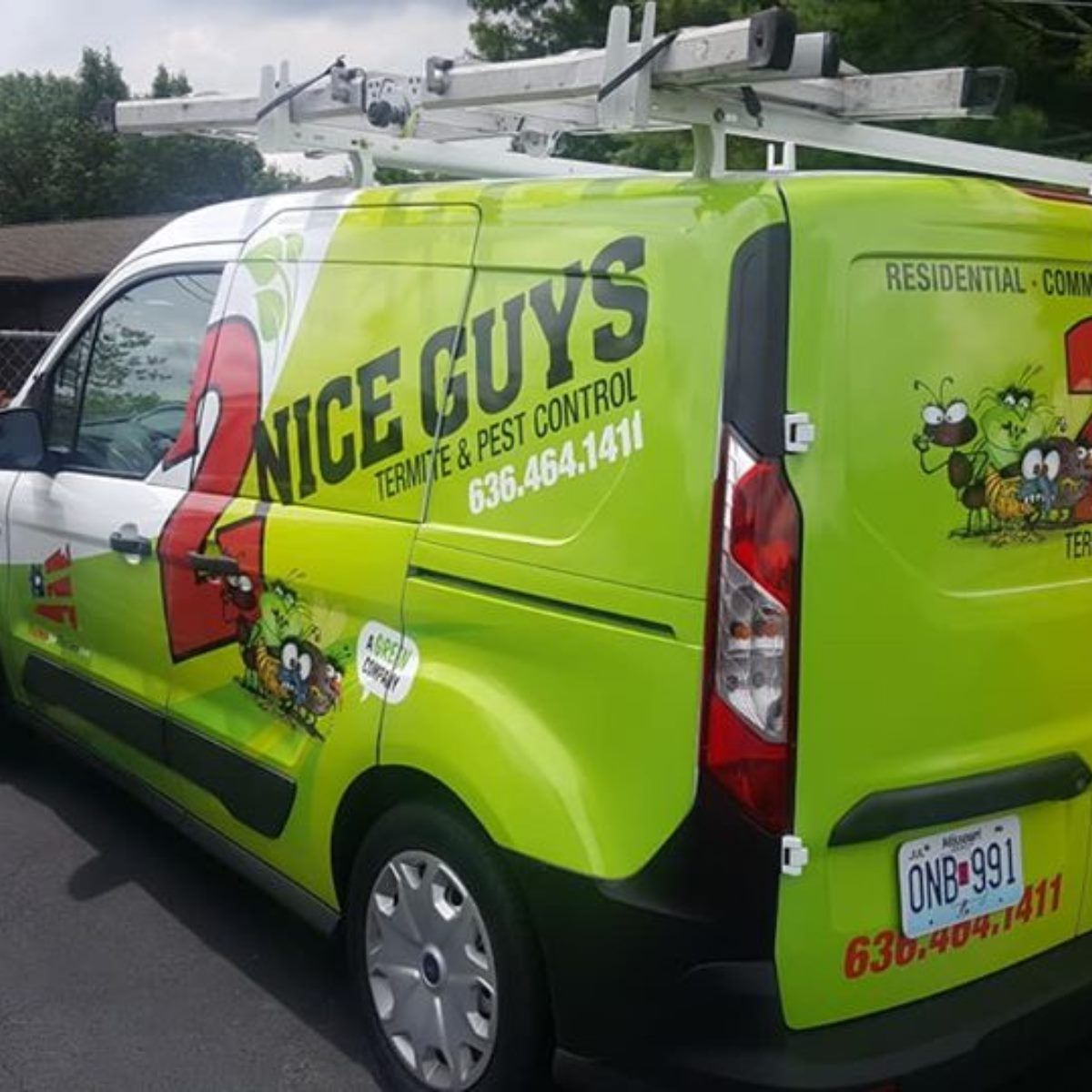 Green and white pest control van with “2 Nice Guys” logo and phone number.