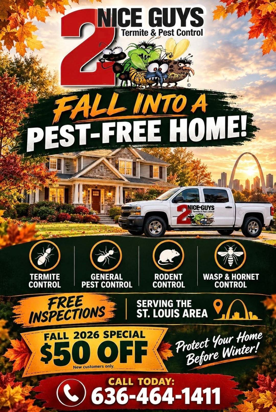 Fall pest control ad with truck, autumn leaves, services, $50 off, and call 636-414-1111