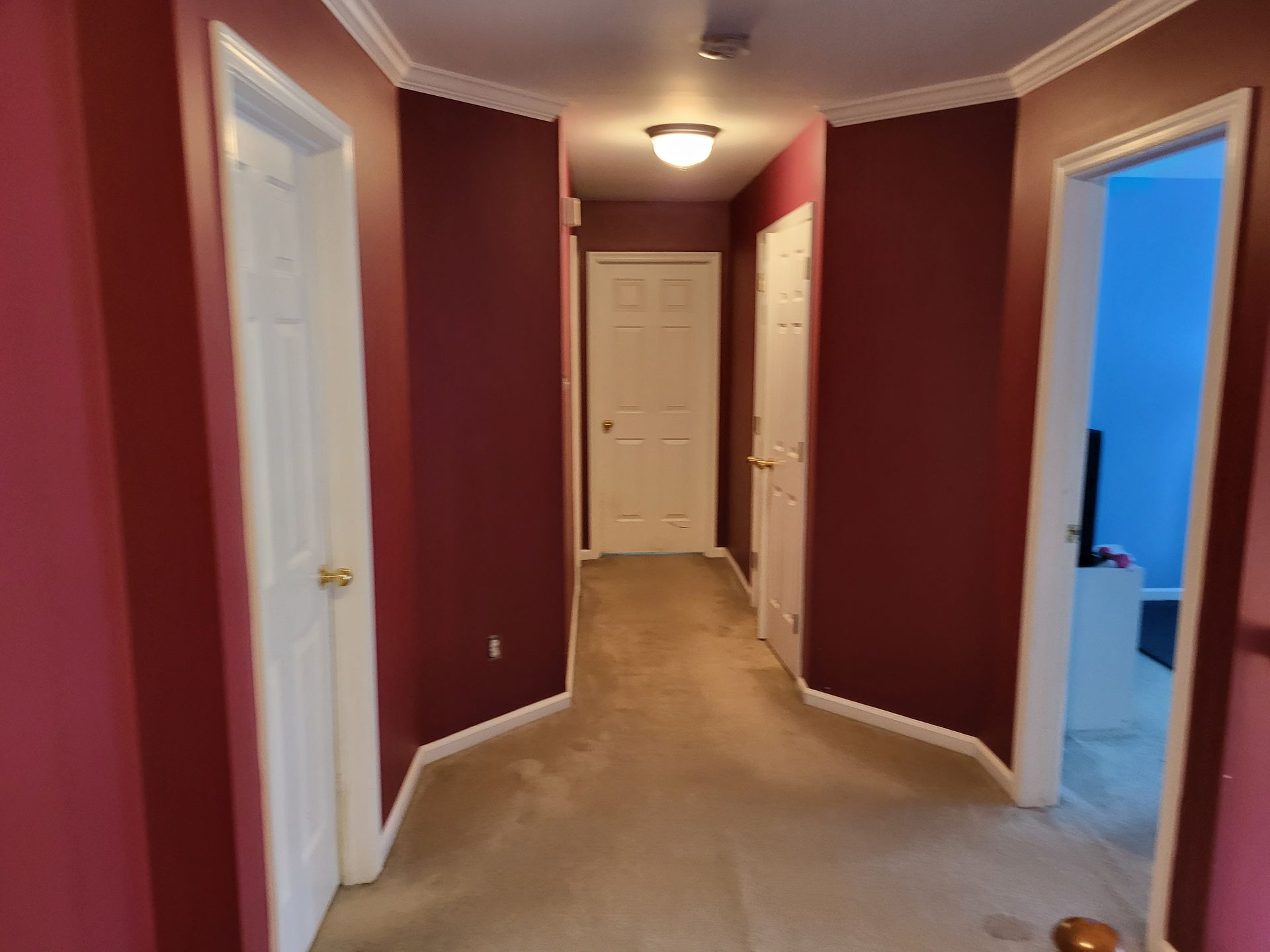 A long hallway with red walls and white doors