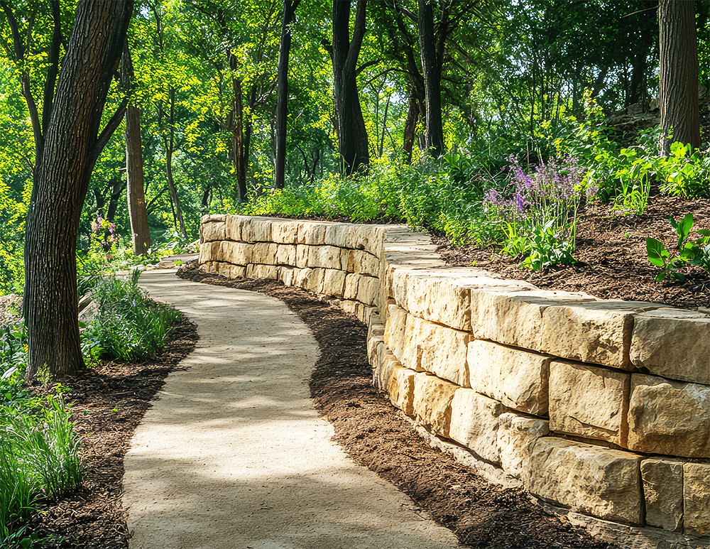A stone wall along a path in the woods.