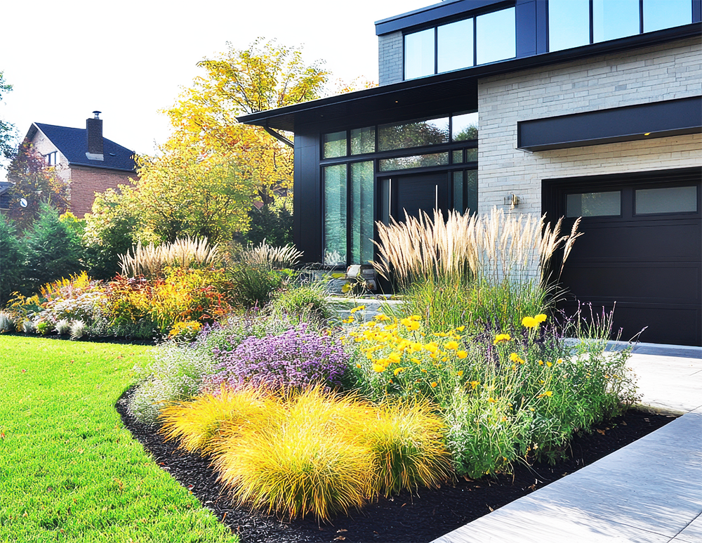 A house with a lot of flowers in front of it.