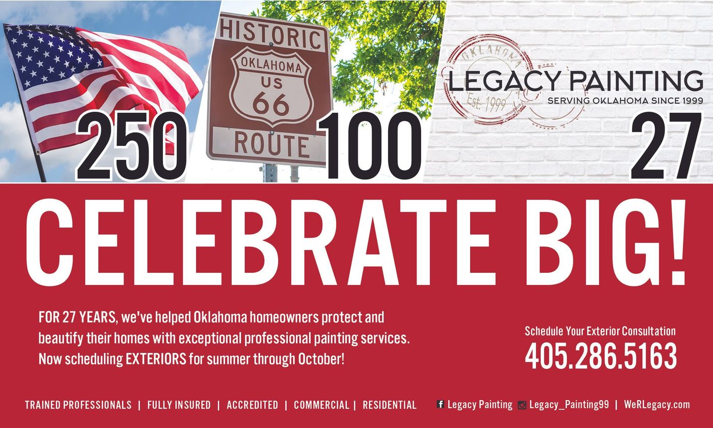 Red, white, and blue route sign banner reading “CELEBRATE BIG!” with Route 66 and Historic 250/100/27 logos.