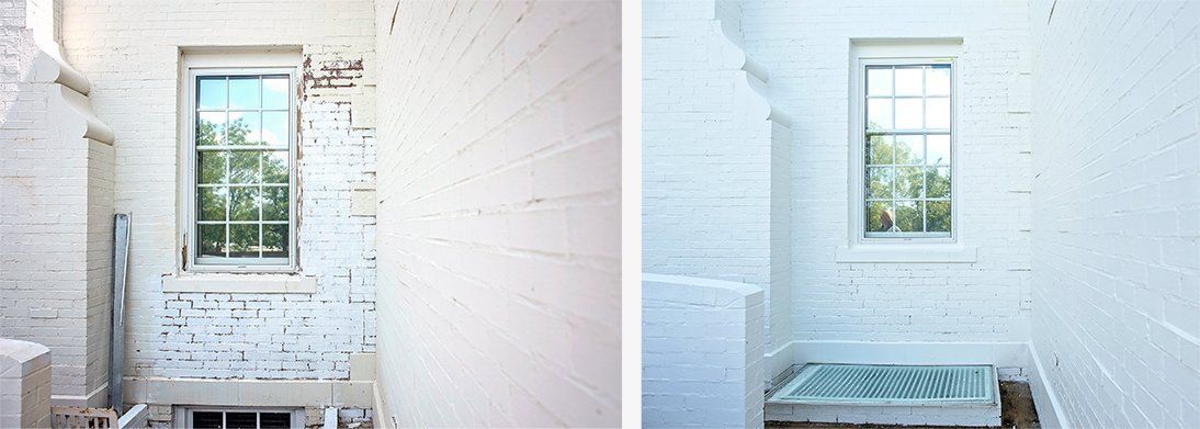 Two photos of a white brick-walled room with a window, one with peeling paint. The second has a bed.