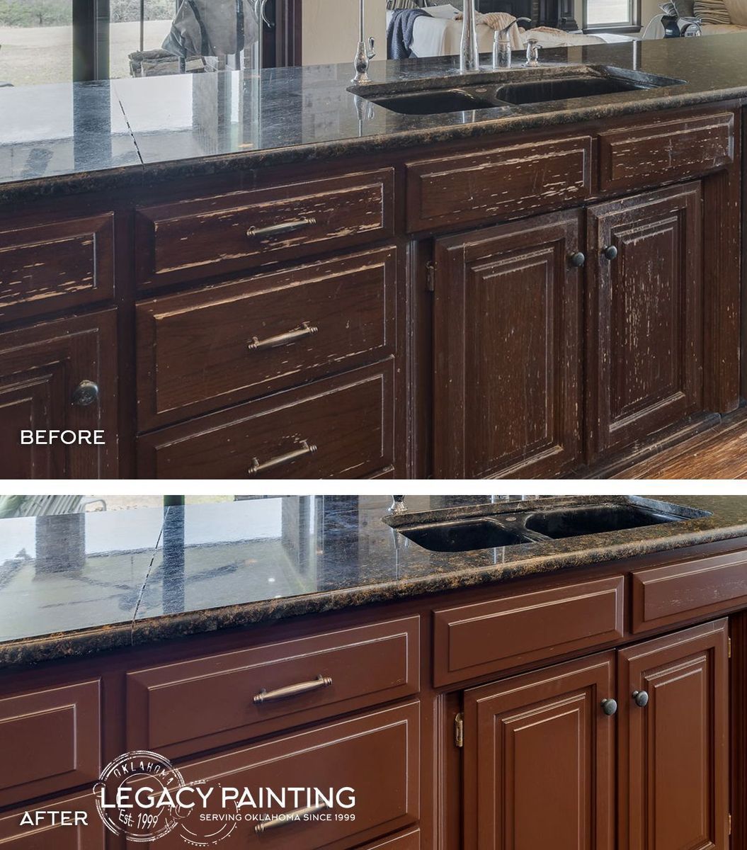 Before and after of kitchen cabinets painted brown.
