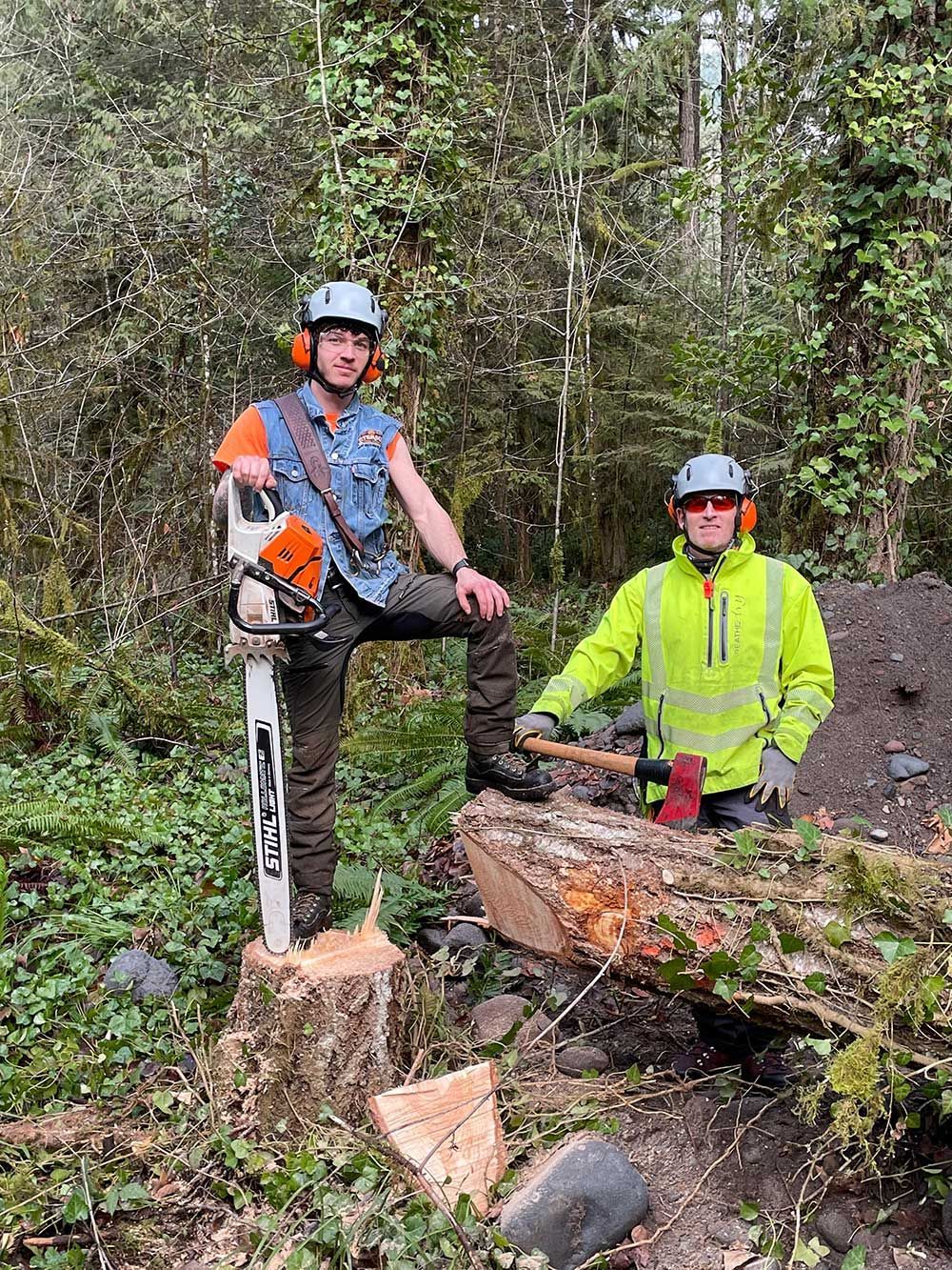 A man is sitting on a tree stump with a chainsaw.