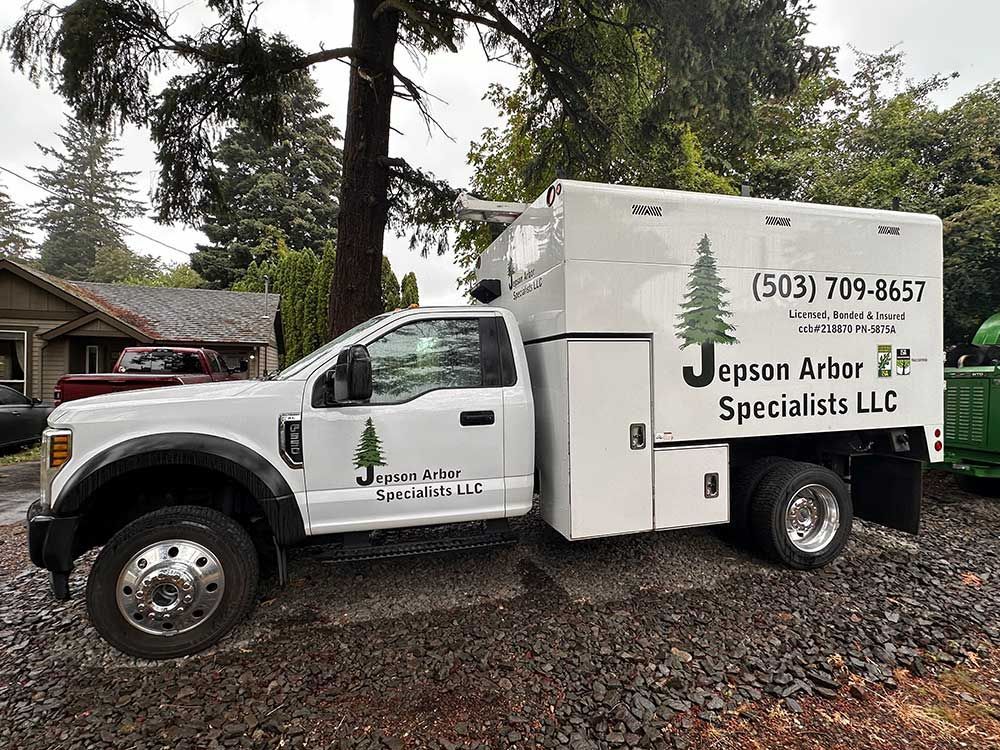 A white truck is parked in front of a house.
