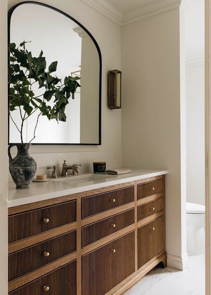 Bathroom with arched mirror, dark wood vanity with gold hardware, and a plant in a vase.