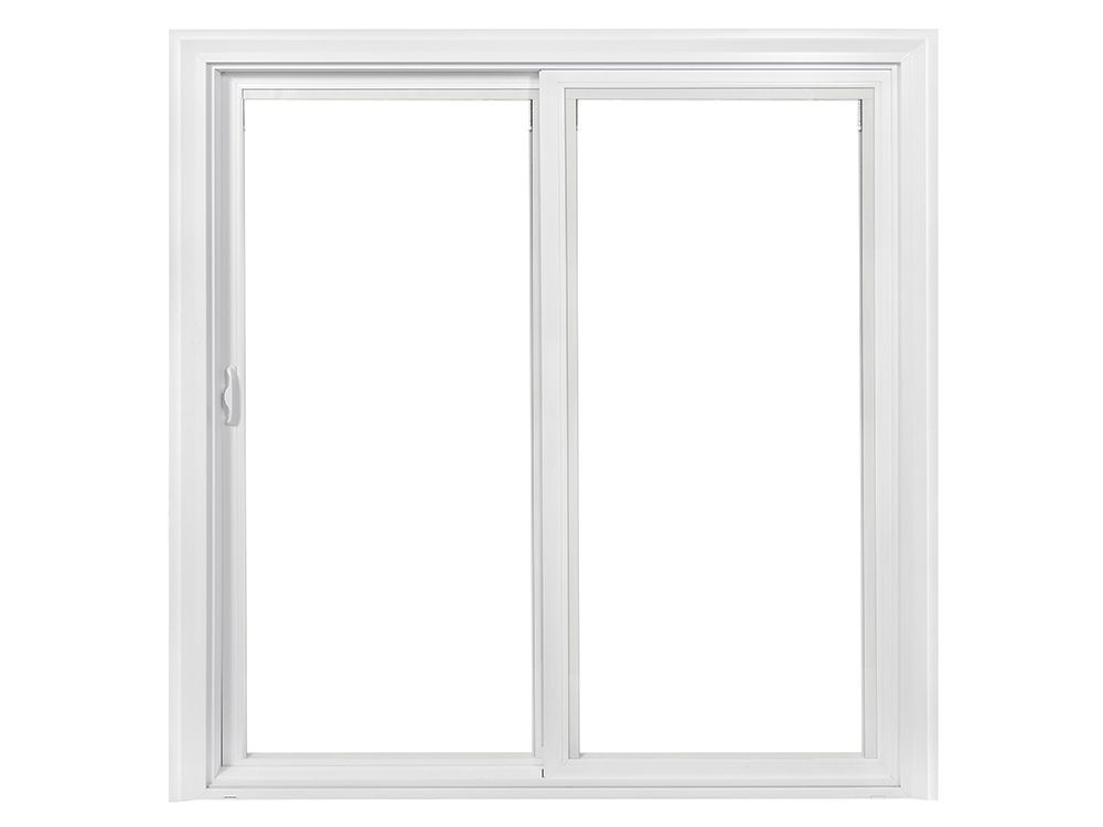 A white sliding glass door with a white frame on a white background.