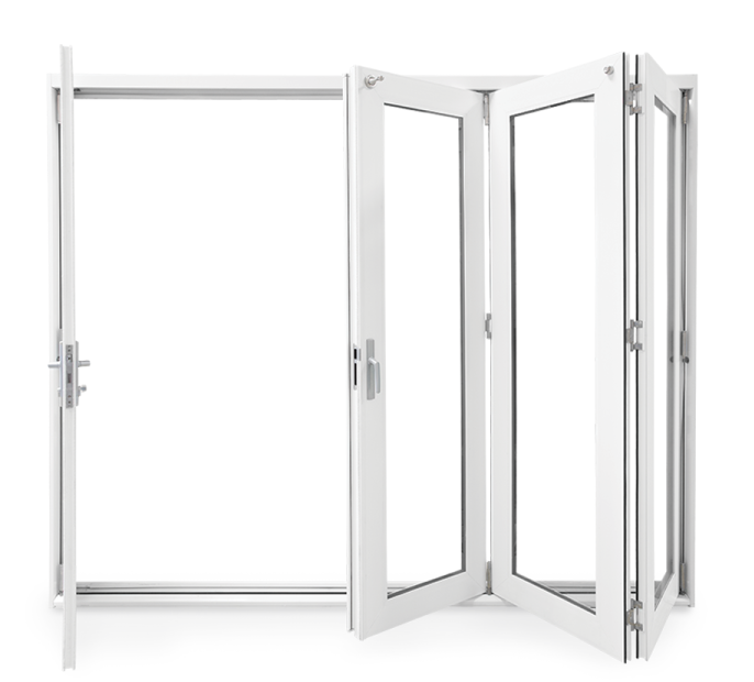 A white folding glass door on a white background.