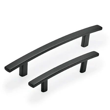 A pair of black cabinet handles on a white background.