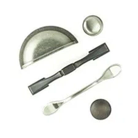 There are many different types of metal objects on a white background.