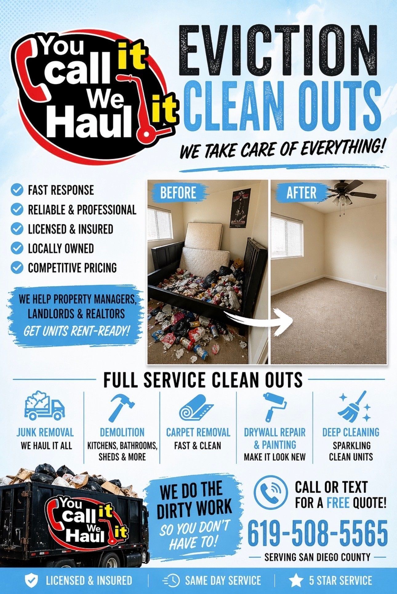 Eviction cleanout service flyer with before-and-after room photos and contact information