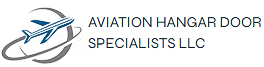 Logo for Aviation Hangar Door Specialists LLC, airplane in front of the hangar door design. Text is black and blue.
