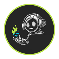 Robot character holding fire and snowflake, inside green-bordered black circle.