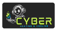 Robot holding flame and snowflake, "CYBER" text in green, "HEATING & COOLING" text in blue, on black.
