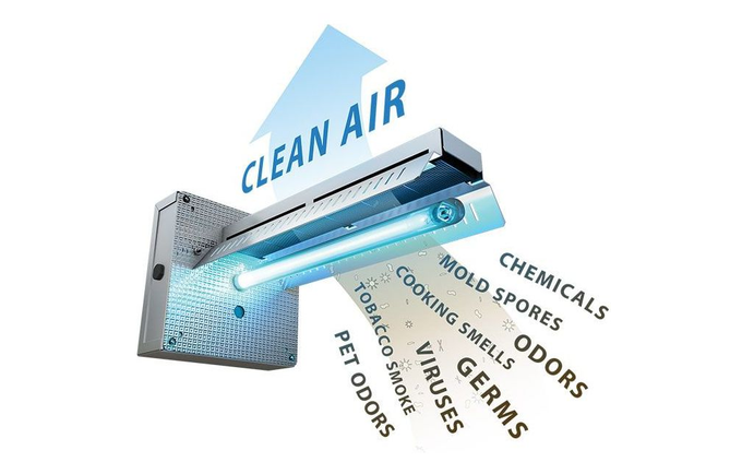 Air purifier emitting clean air, removing odors, germs, and other pollutants.