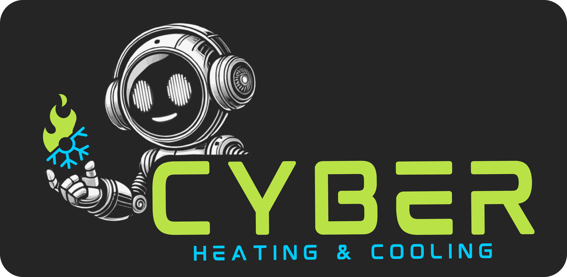 Logo for Cyber Heating & Cooling featuring a robot holding fire and a snowflake. Green and black.