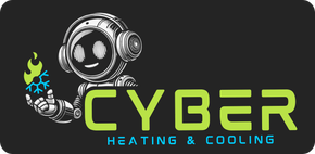 Logo for Cyber Heating & Cooling featuring a robot holding fire and a snowflake. Green and black.