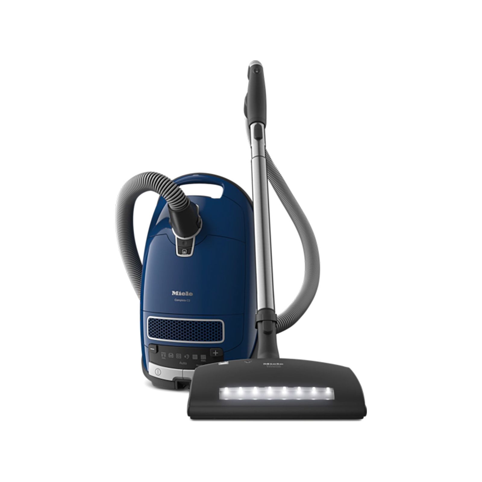 Canister vacuum cleaner with electrobrush for thorough cleaning of heavy-duty carpeting.