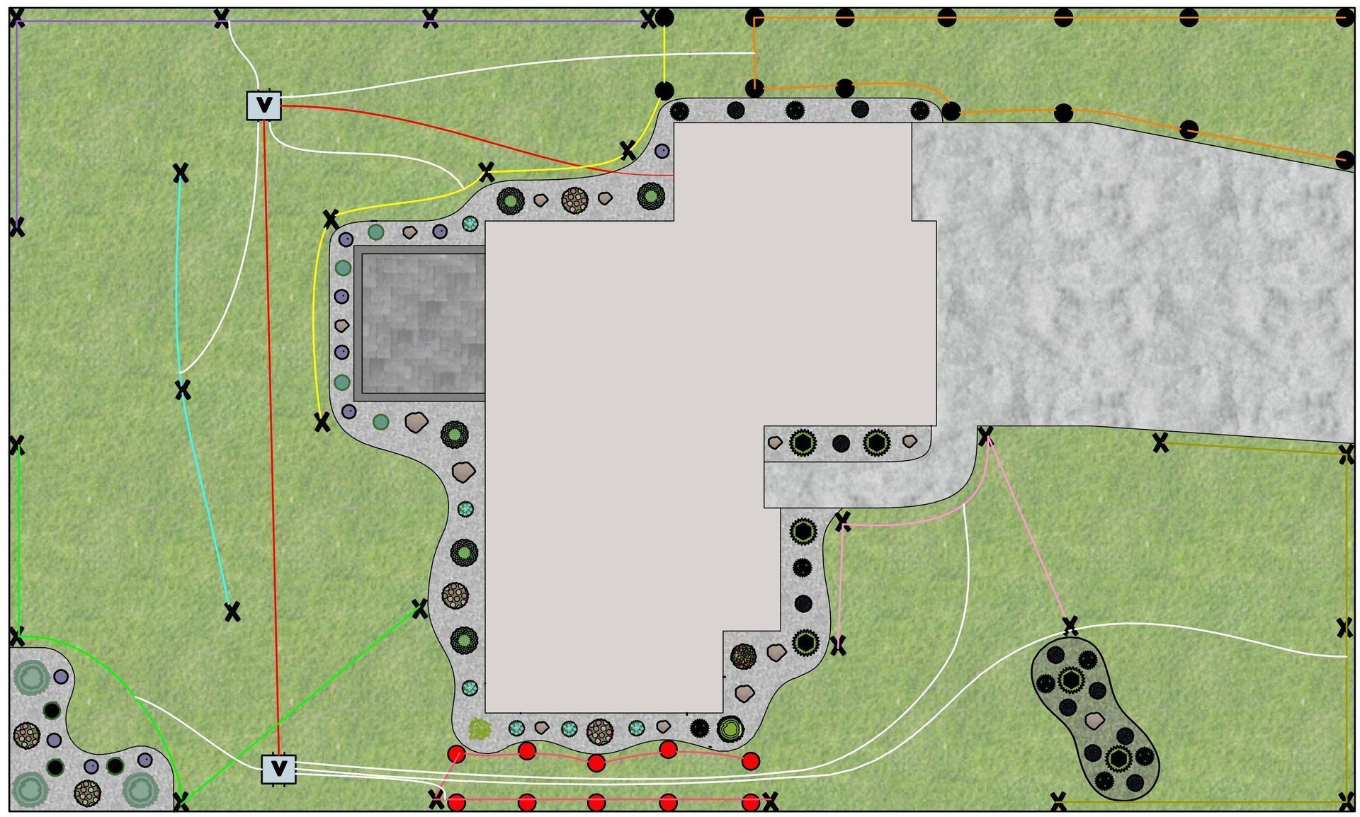 Top-down site plan of a building on grass with marked paths, trees, and a parking area.