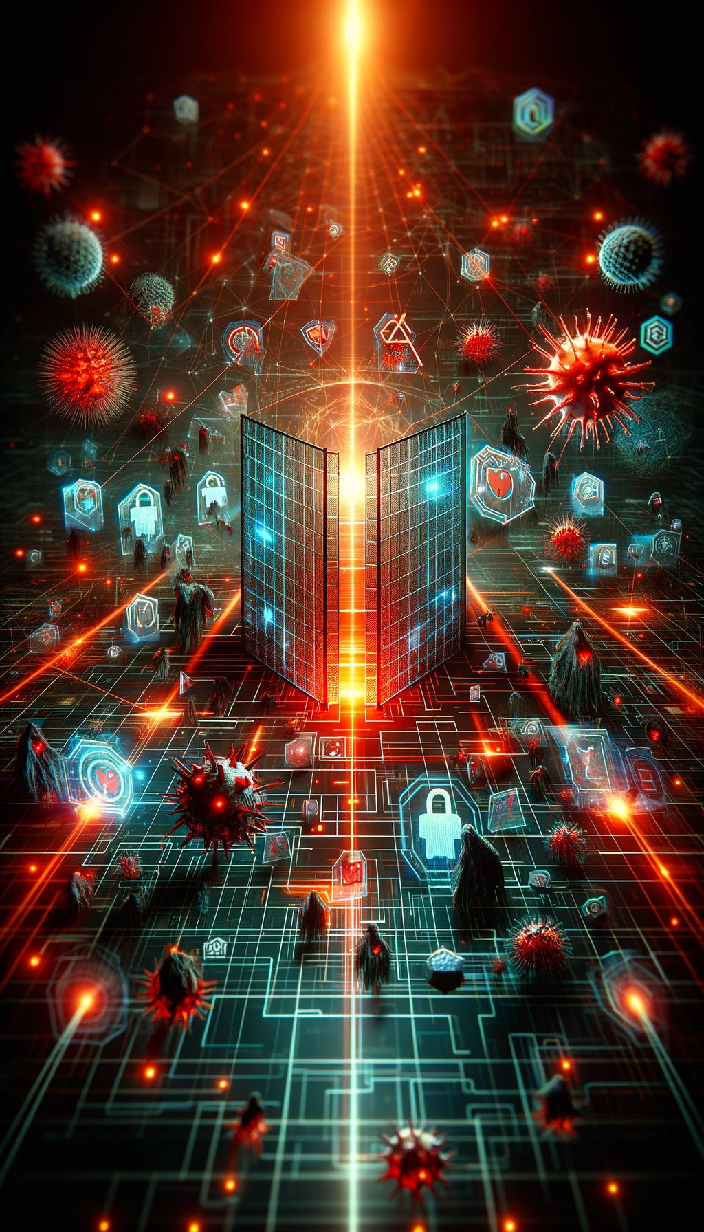 cyber security threats being stopped. The scene shows a large, advanced digital firewall in the center, glowing in red and