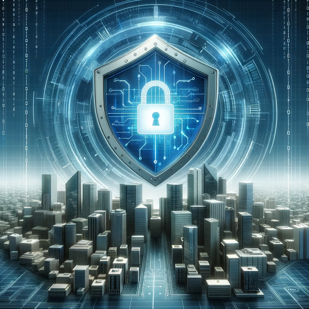 a digital shield safeguarding a corporate environment, depicted as a stylized cityscape, against cybersecurity threats