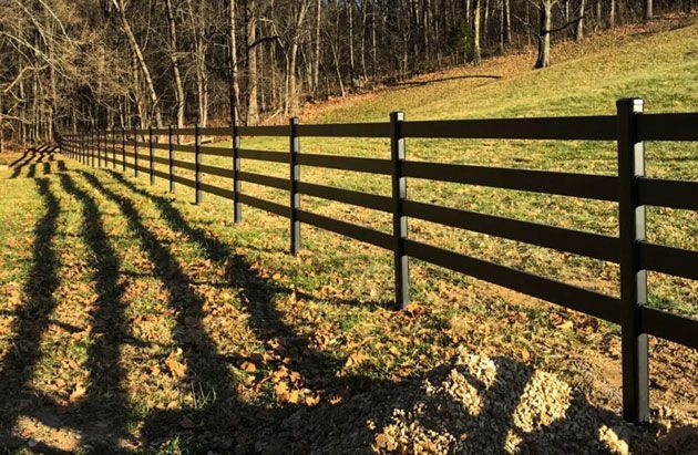 Black fence in a grassy field, with shadows cast across the foreground. Trees in the background.