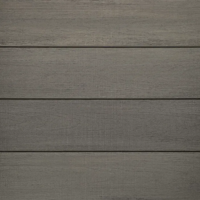 Horizontal gray composite decking with wood grain texture.