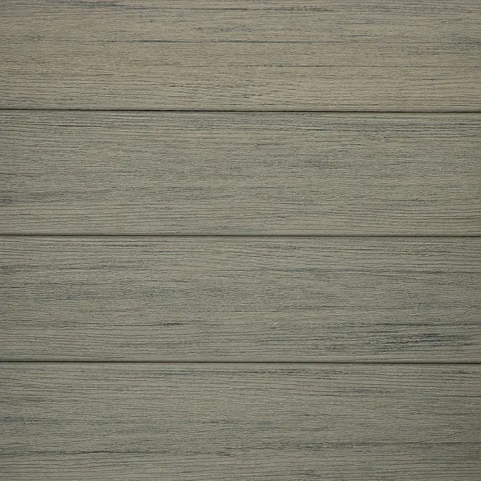 Gray composite deck boards, horizontal lines, wood grain texture.