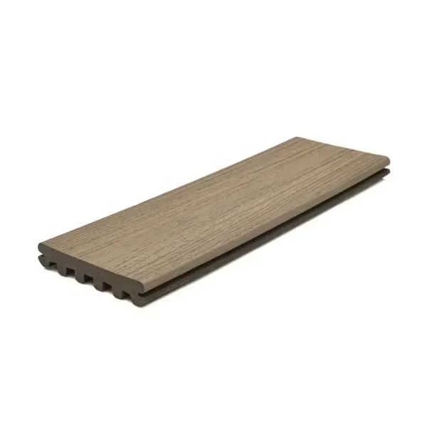 Brown composite deck board with grooved underside.