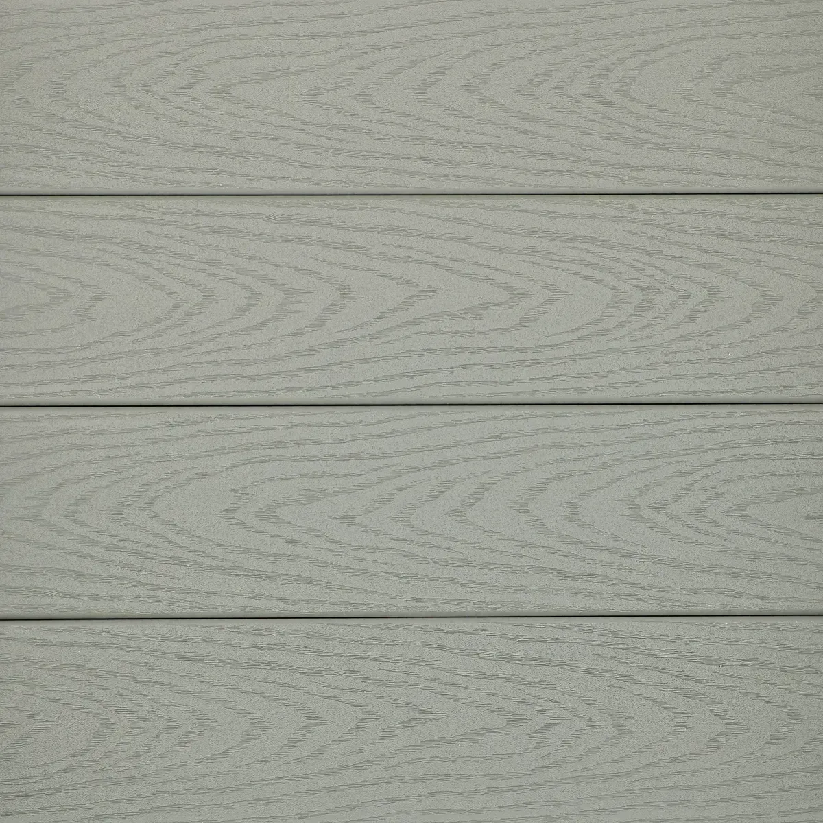 Close-up of four horizontal, light gray wood-grain planks.